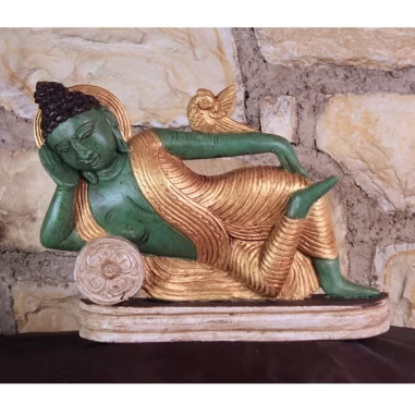 Handgeschnitzter Buddha Schlafend 18cm Holz gefasst