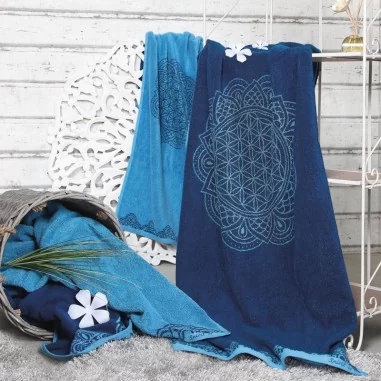 Liegetuch ozeanblau-azur Frottetuch Happy Flower of Life