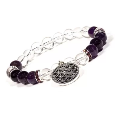 Armband Bergkristall/Amethyst mit Lebensblume